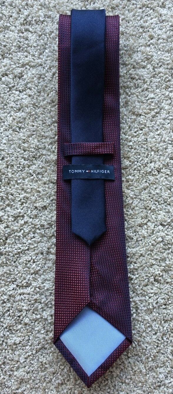 Tommy Hilfiger Men's Silk Tie Two Tone Geometric Color: Burgundy & Navy Blue